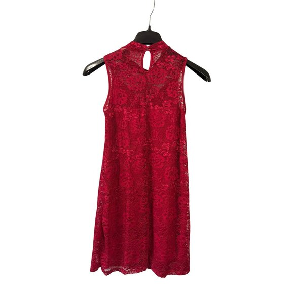 Liberty Love Sleeveless Red Lace Mini Dress Size M High Neck Keyhole Back Lined - Picture 2 of 5